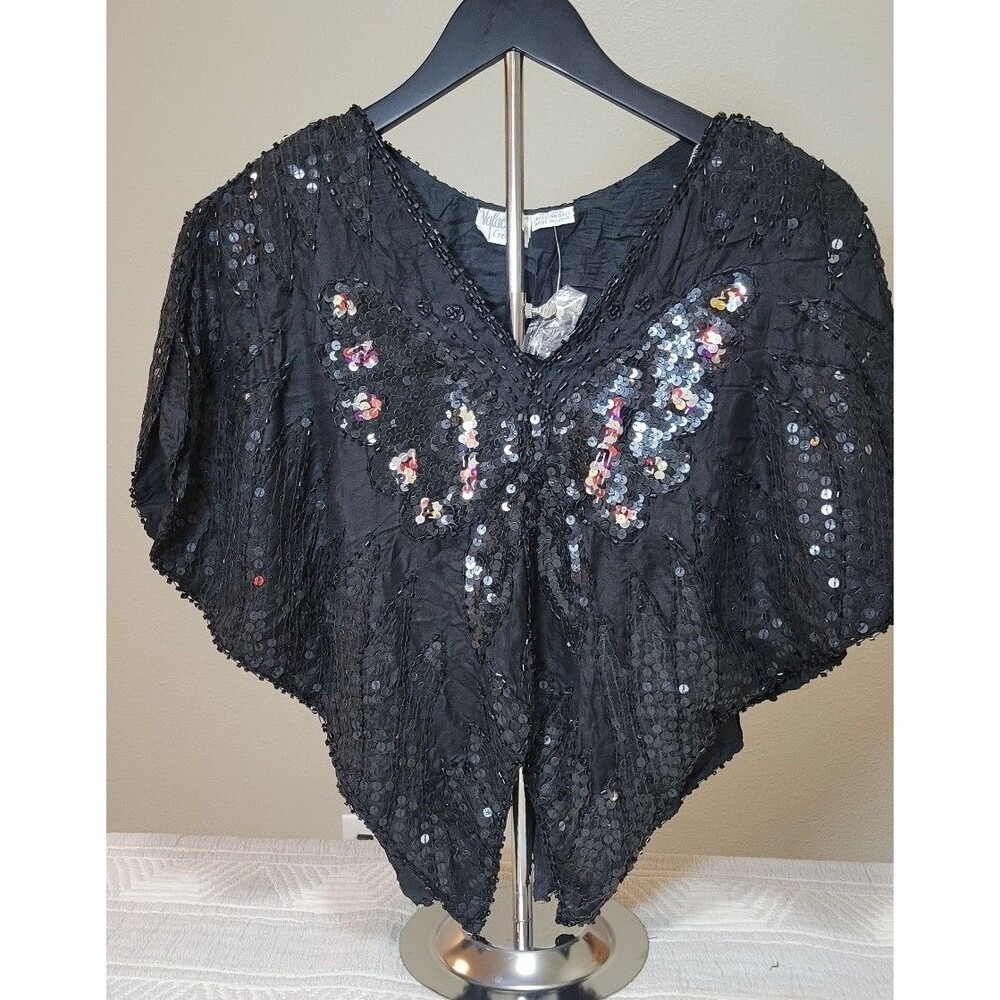 Vintage Valachi Creations 100% Silk‎ Beaded Sequin Butterfly Poncho Top